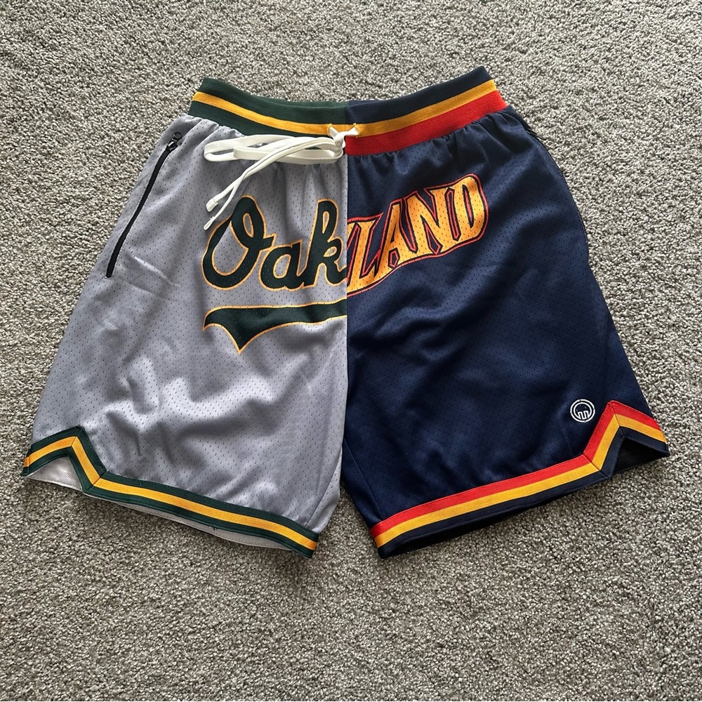 Savs Brand Oakland basketball shorts, size L, Oakland Athletics and GSW colorway
